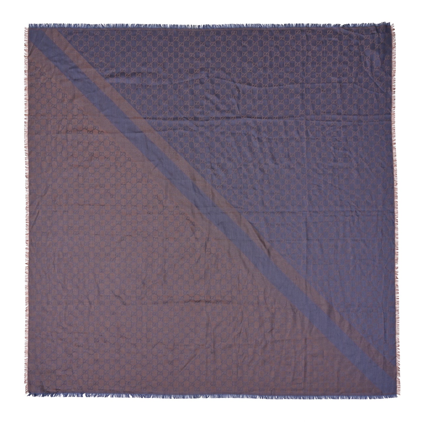 Wool Silk Monogram GGWeb Fringe Shawl Taupe Sky Blue