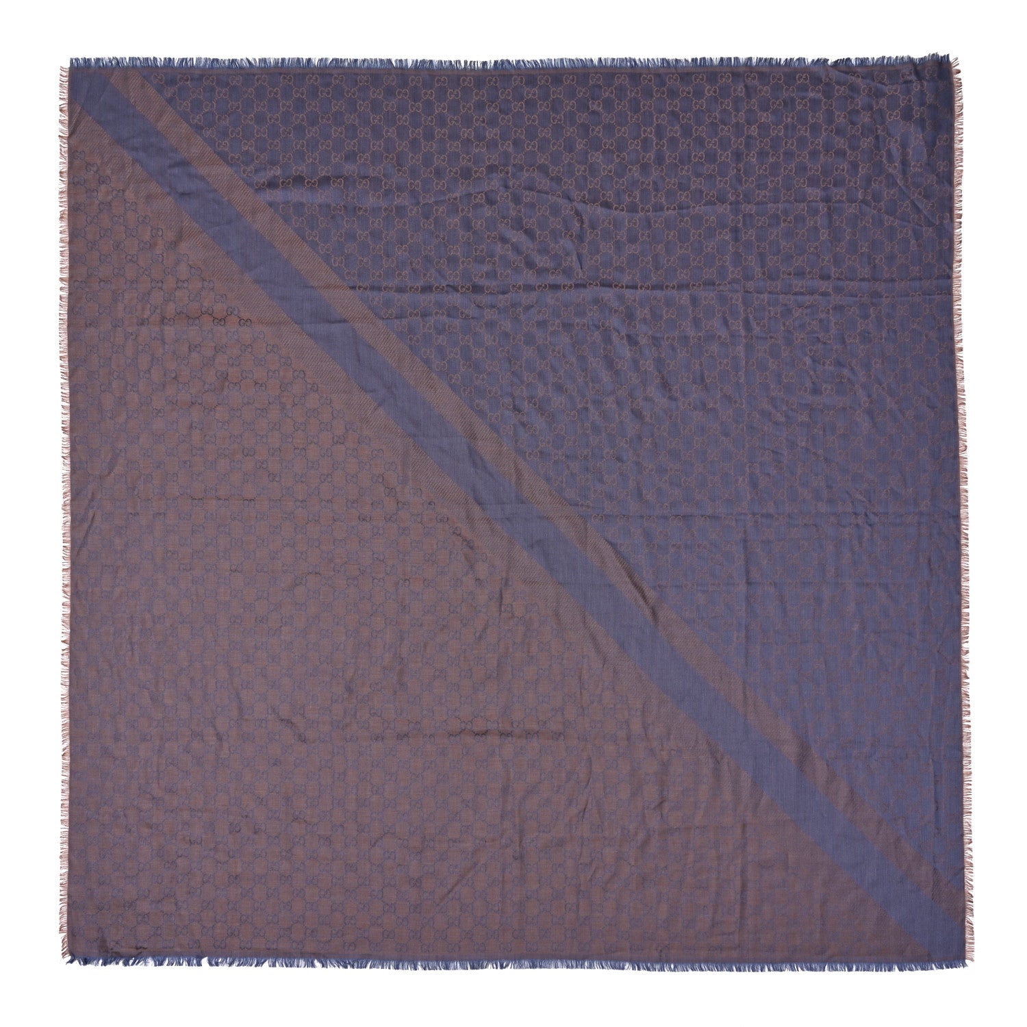 Gucci Wool Silk Monogram GGWeb Fringe Shawl Taupe Sky Blue 1 of 4