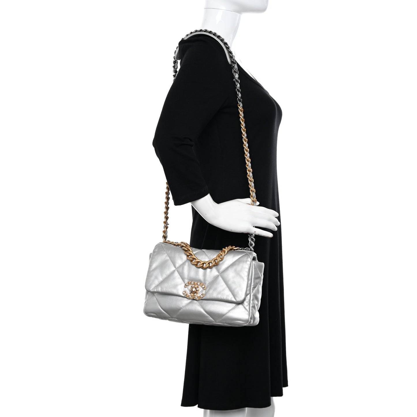 Metallic Goatskin Quilted Medium Chanel 19 Flap Silver