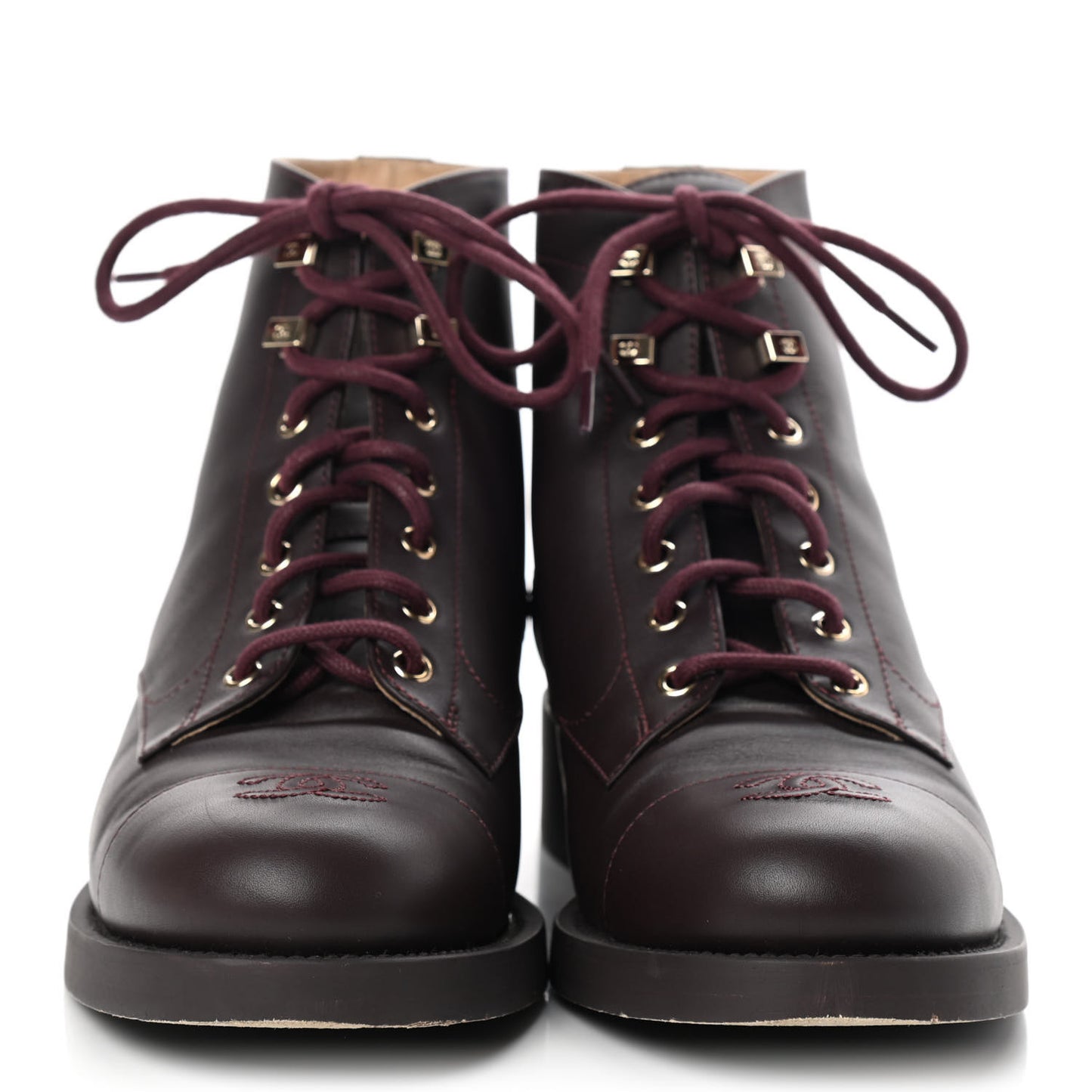 Calfskin Lace Up CC Short Boots 41 Burgundy