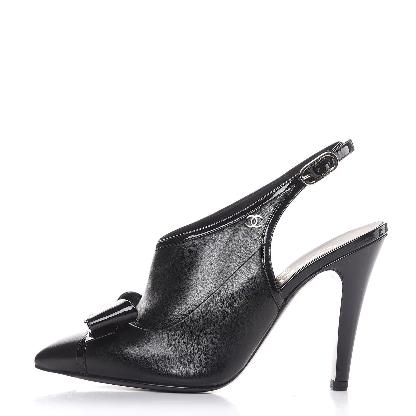Patent Lambskin CC Bow Slingback Pumps 35.5 Black