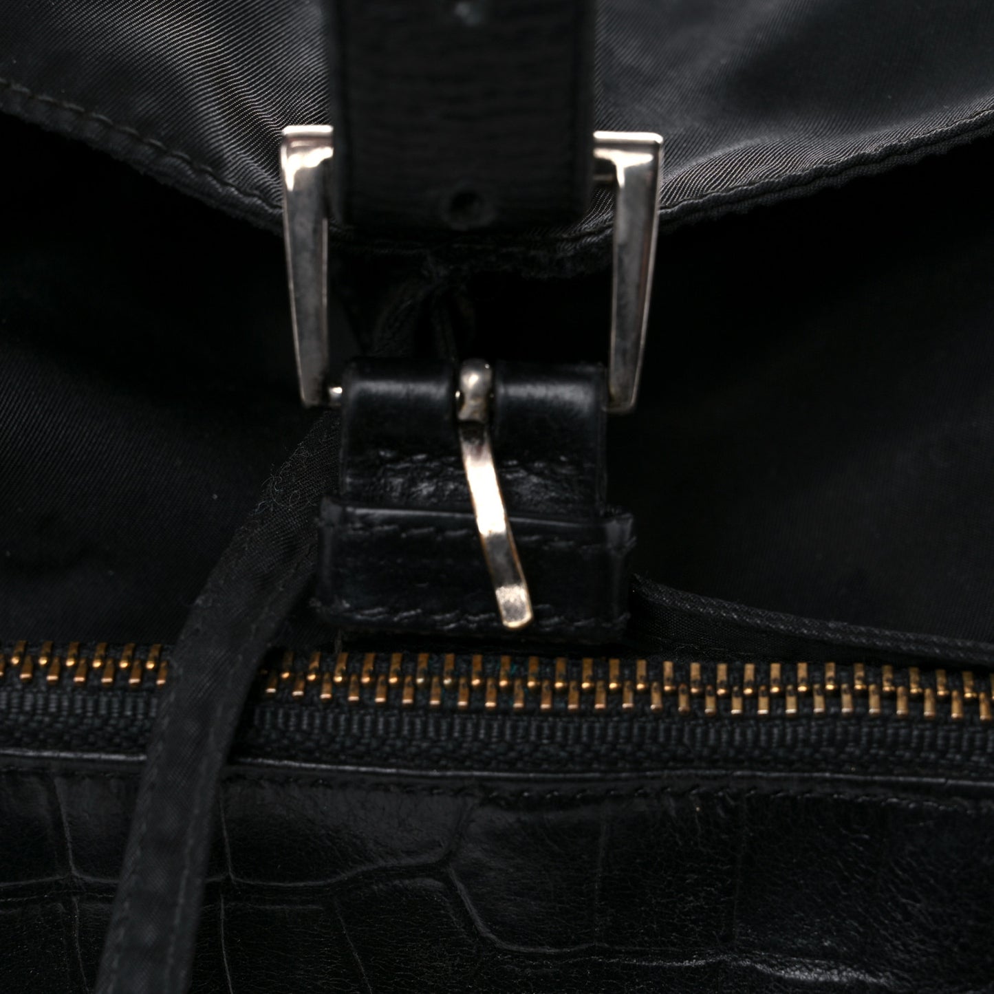 Tessuto Nylon Crocodile Embossed Calfskin Cinch Backpack Black