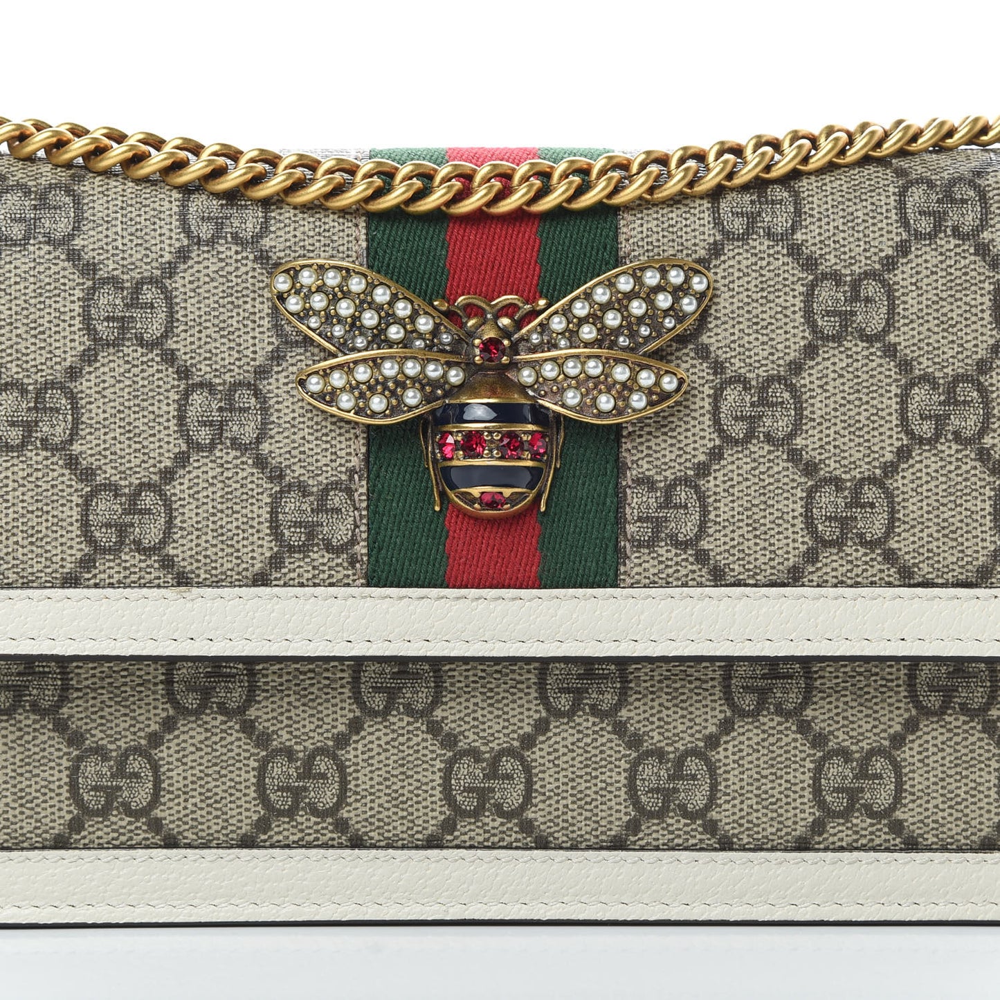 GG Supreme Monogram Web Queen Margaret Chain Wallet White