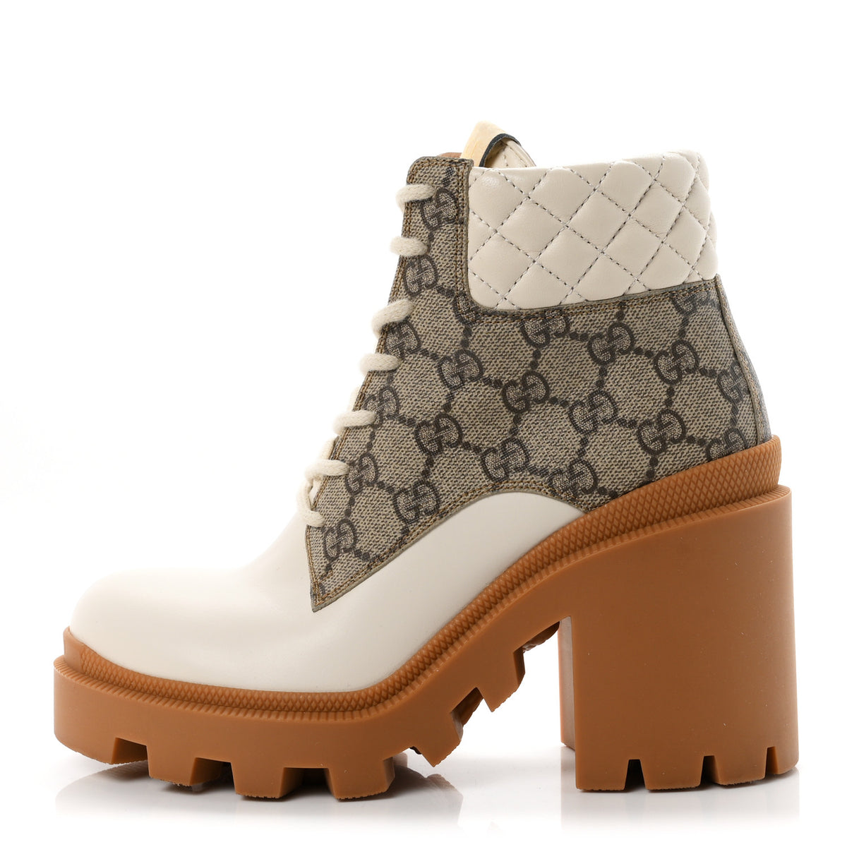 Calfskin GG Supreme Monogram Nappa Quilted Lace Up Ankle Boots 36.5 Mystic White Beige