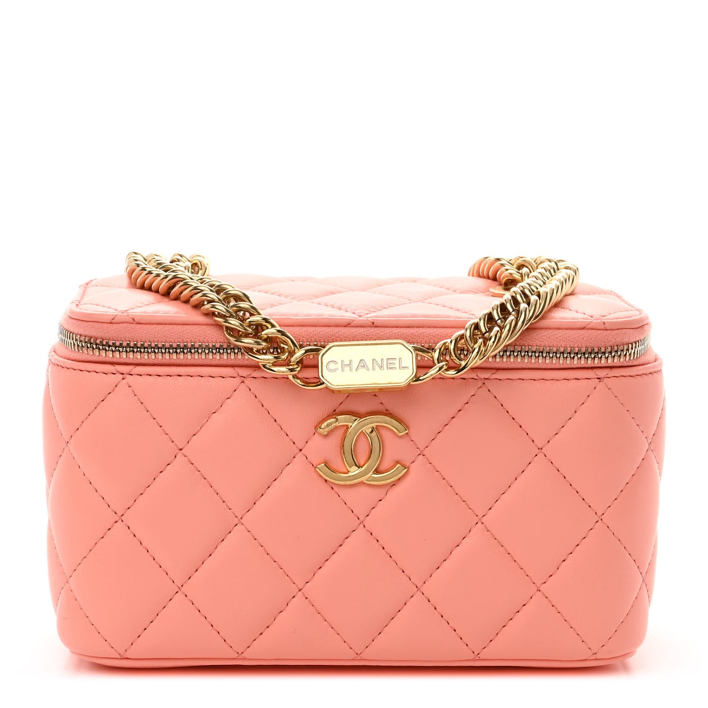 Lambskin Resin Quilted Vanity Case With Chain Pink