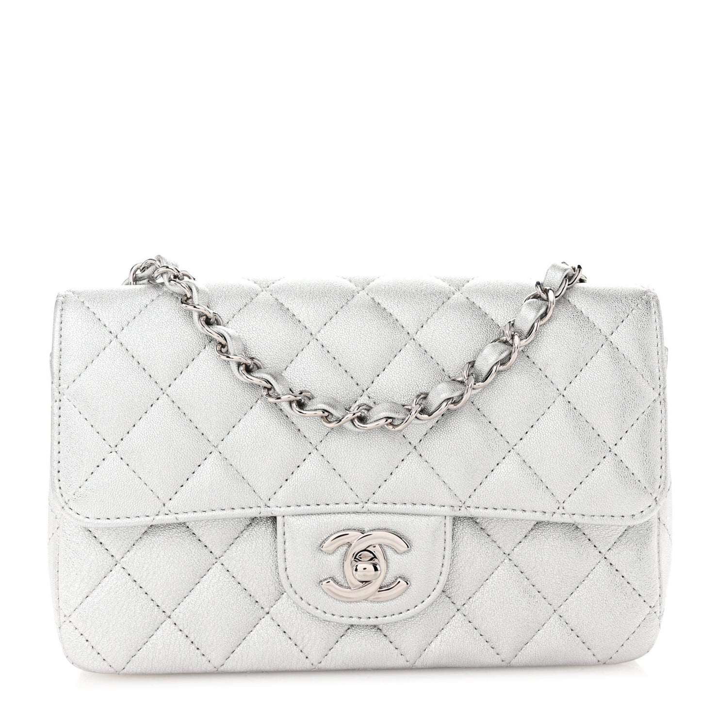 Metallic Lambskin Quilted Mini Rectangular Flap Silver
