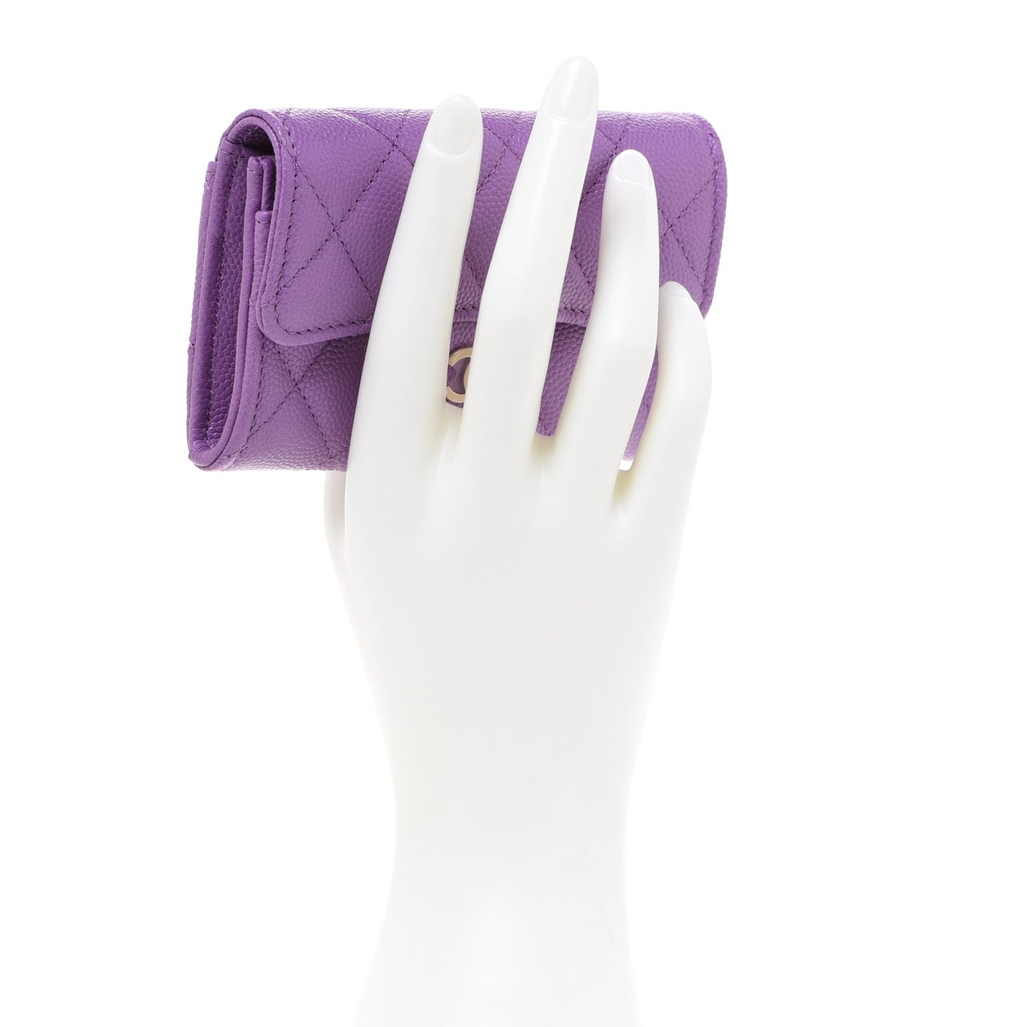 Caviar Quilted Flap Card Holder Wallet Purple
