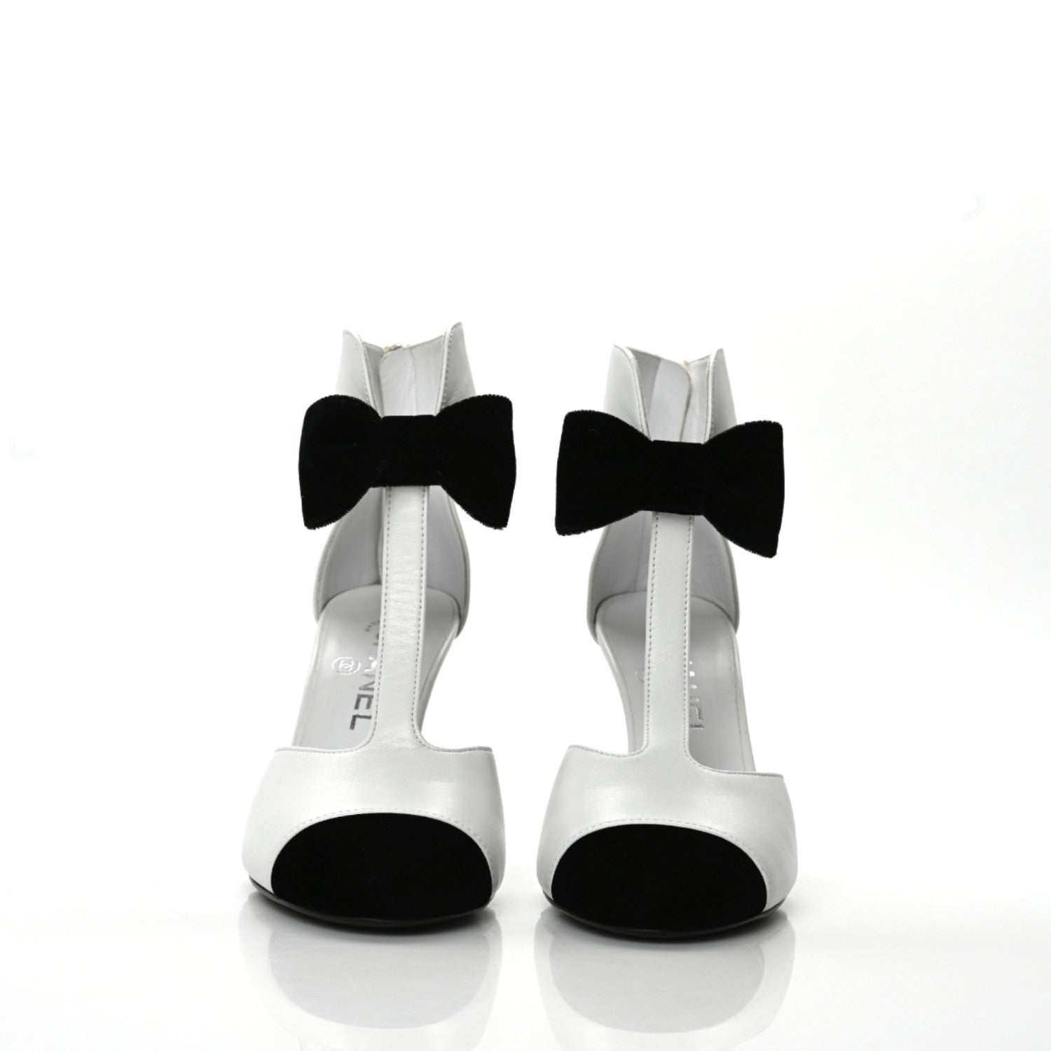 Chanel Lambskin Velvet Cap Toe Bow Pumps 36 Black White 8 of 9