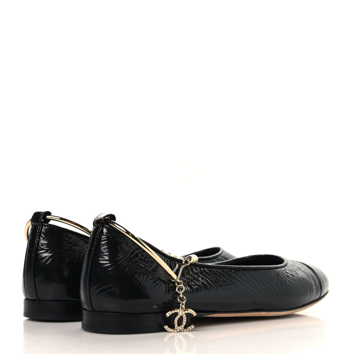 Patent Calfskin Cap Toe Ankle Chain Ballerina Flats 38 Black