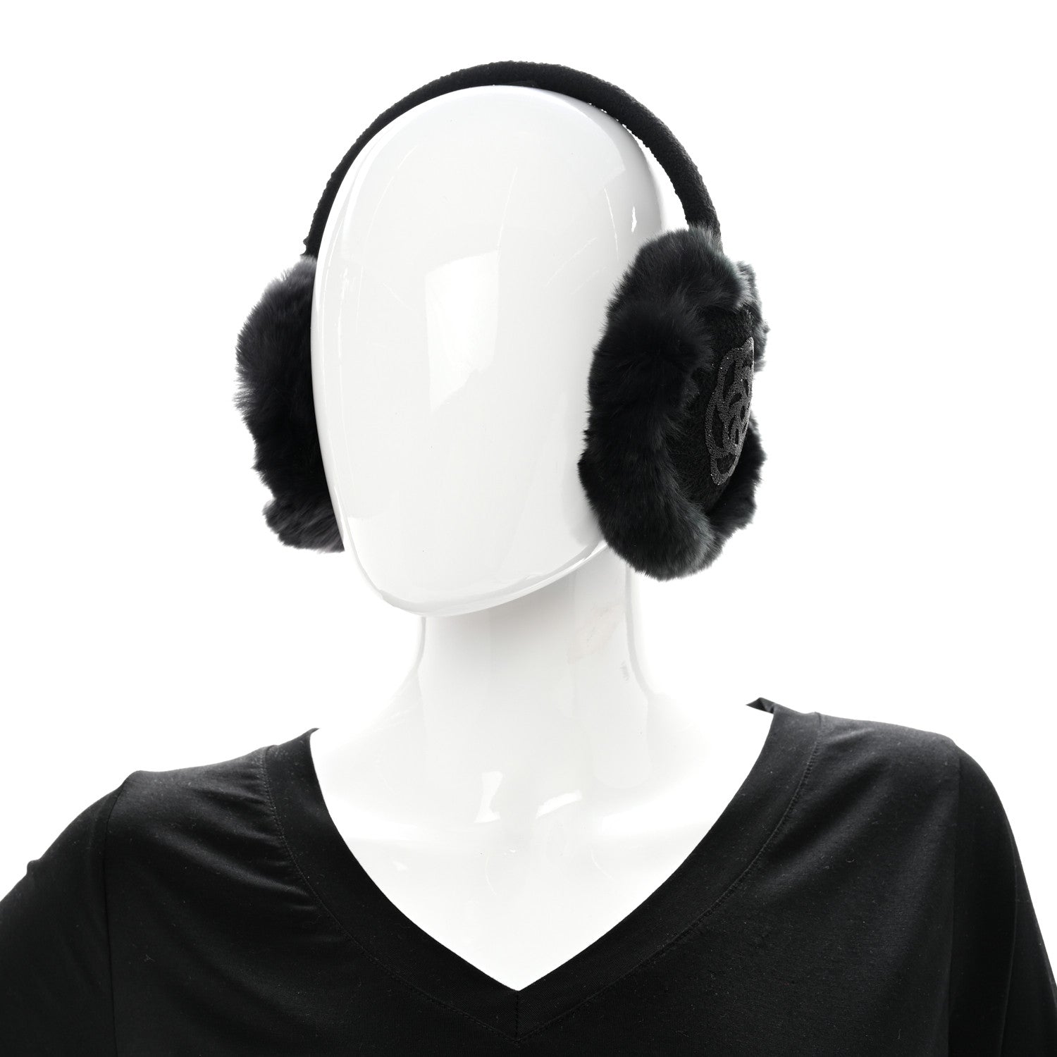 Chanel Rabbit Fur Tweed Cameilla Ear Muffs Black Grey 2 of 7