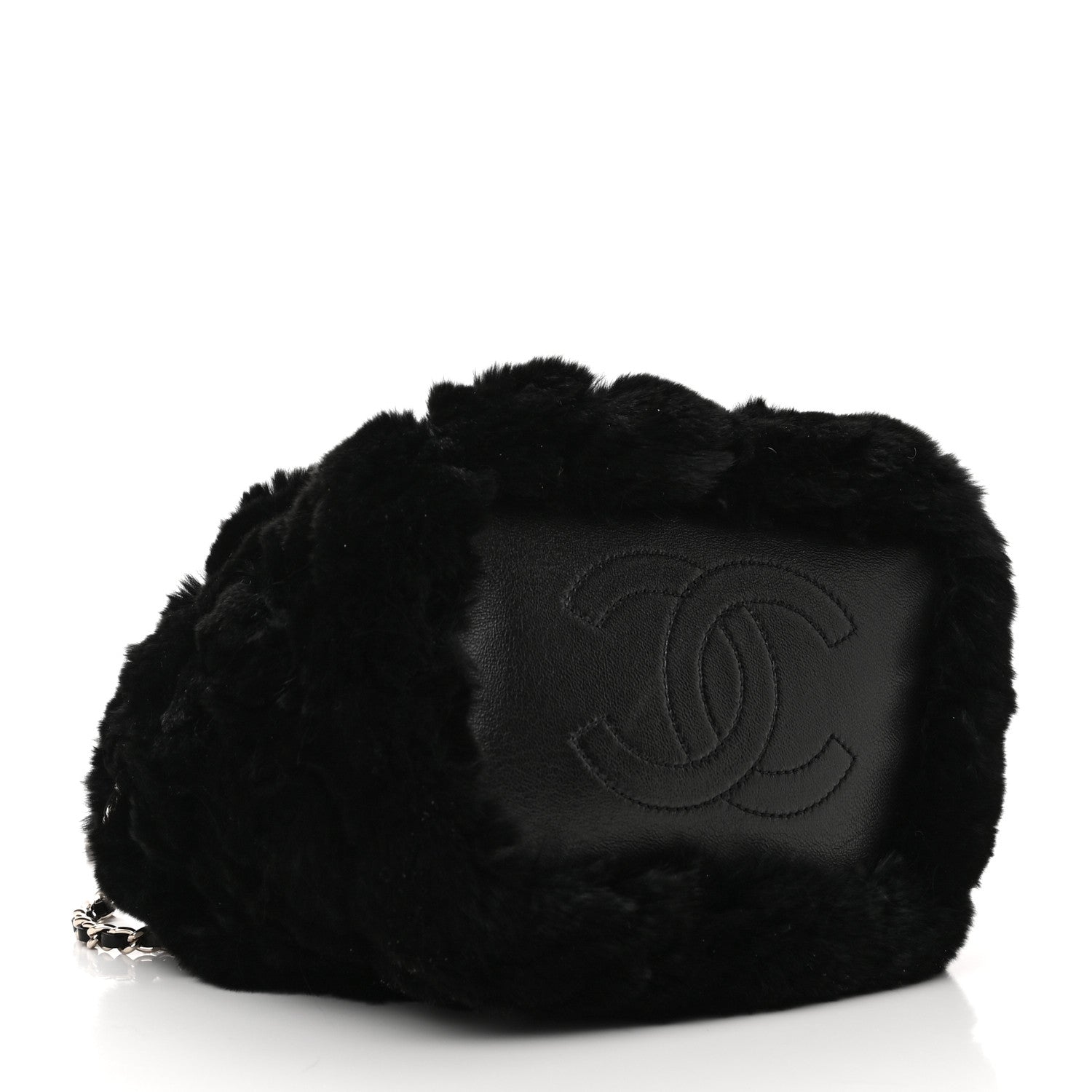Chanel Fur Chain Drawstring Bucket Bag Black 5 of 11