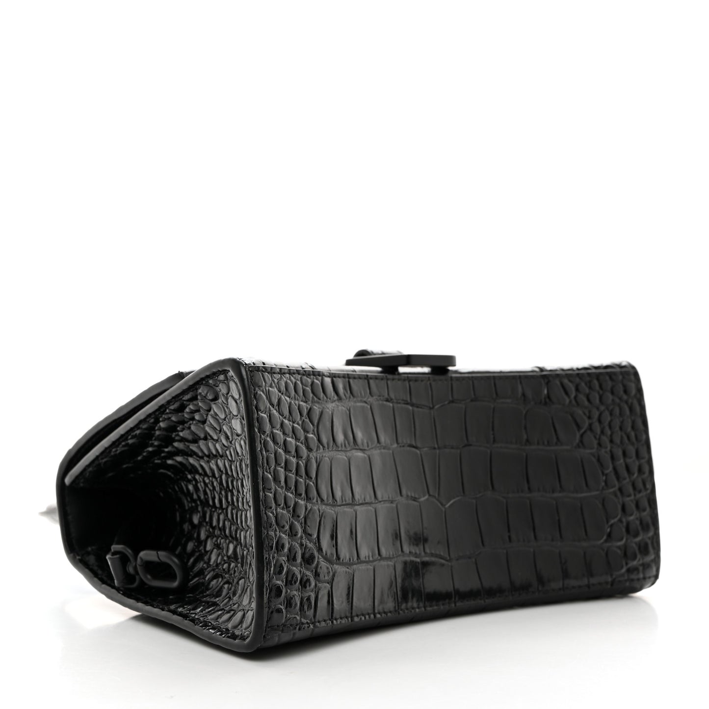 Shiny Calfskin Monochrome Crocodile Embossed Small Hourglass Top Handle Bag Black