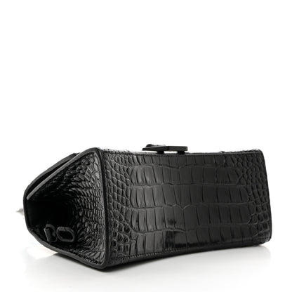 Balenciaga Shiny Calfskin Monochrome Crocodile Embossed Small Hourglass Top Handle Bag Black 4 of 11