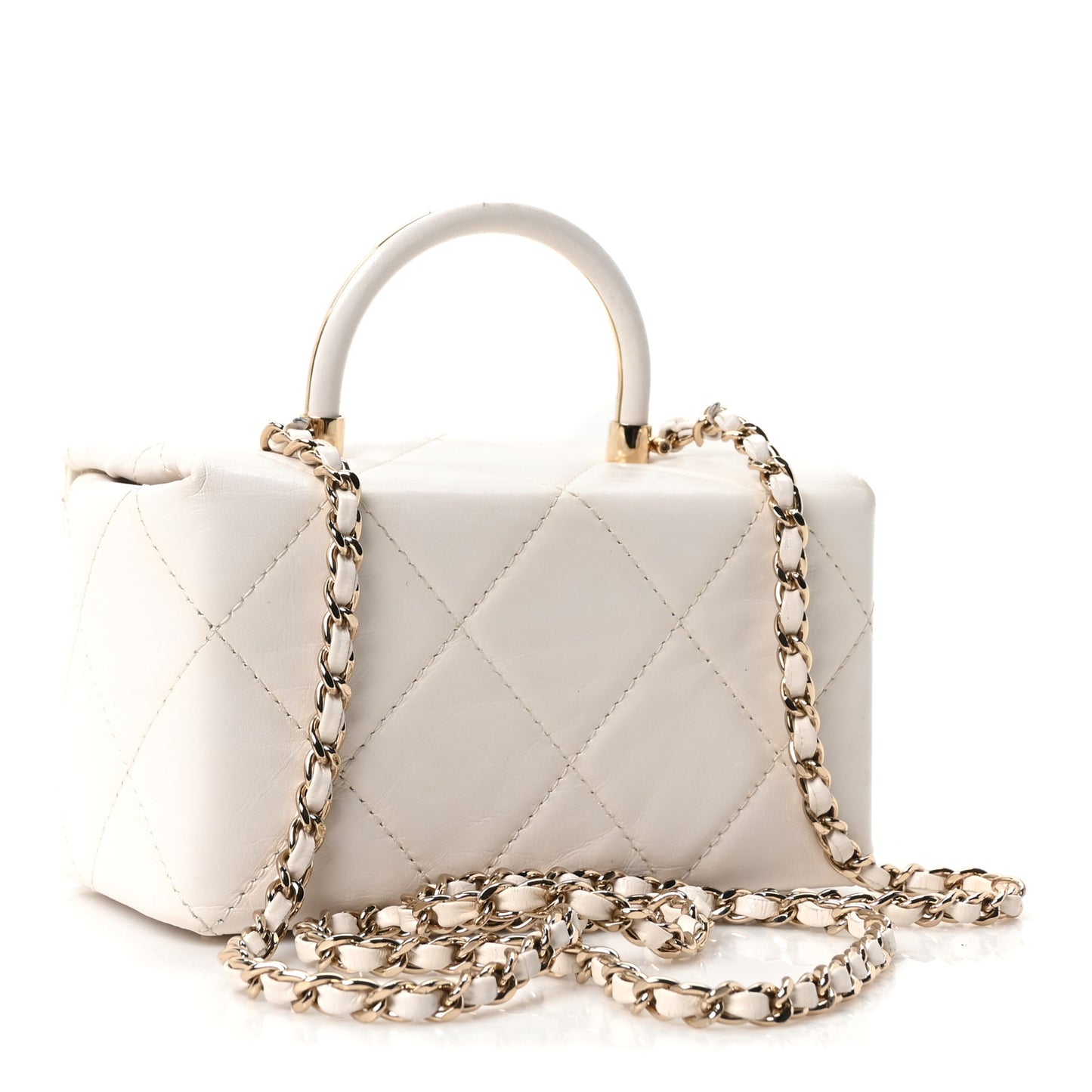 Shiny Calfskin Quilted CC Handle Vanity Flap Bag White