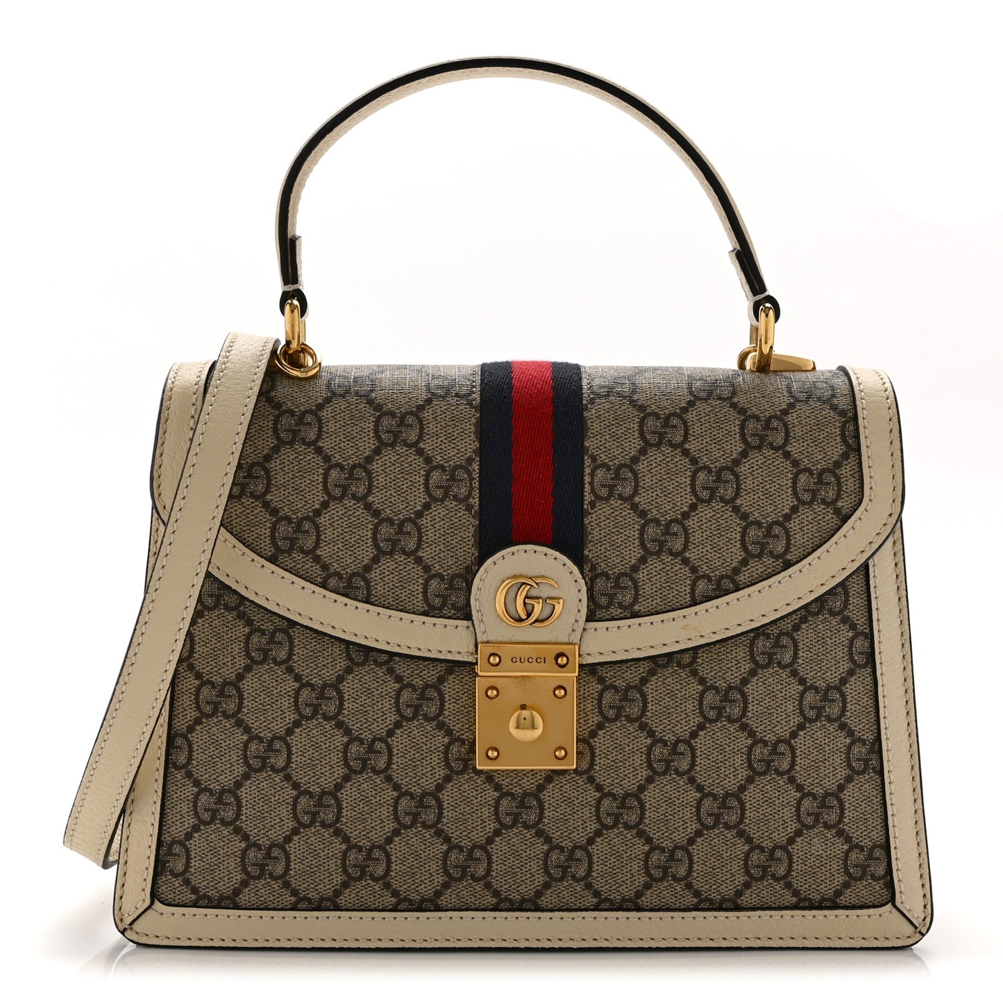 GG Supreme Monogram Textured Dollar Calfskin Web Small Ophidia Padlock Top Handle Bag Beige Ebony Mystic White