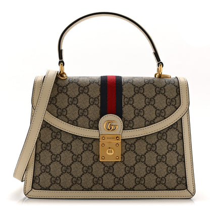 Gucci GG Supreme Monogram Textured Dollar Calfskin Web Small Ophidia Padlock Top Handle Bag Beige Ebony Mystic White 1 of 11