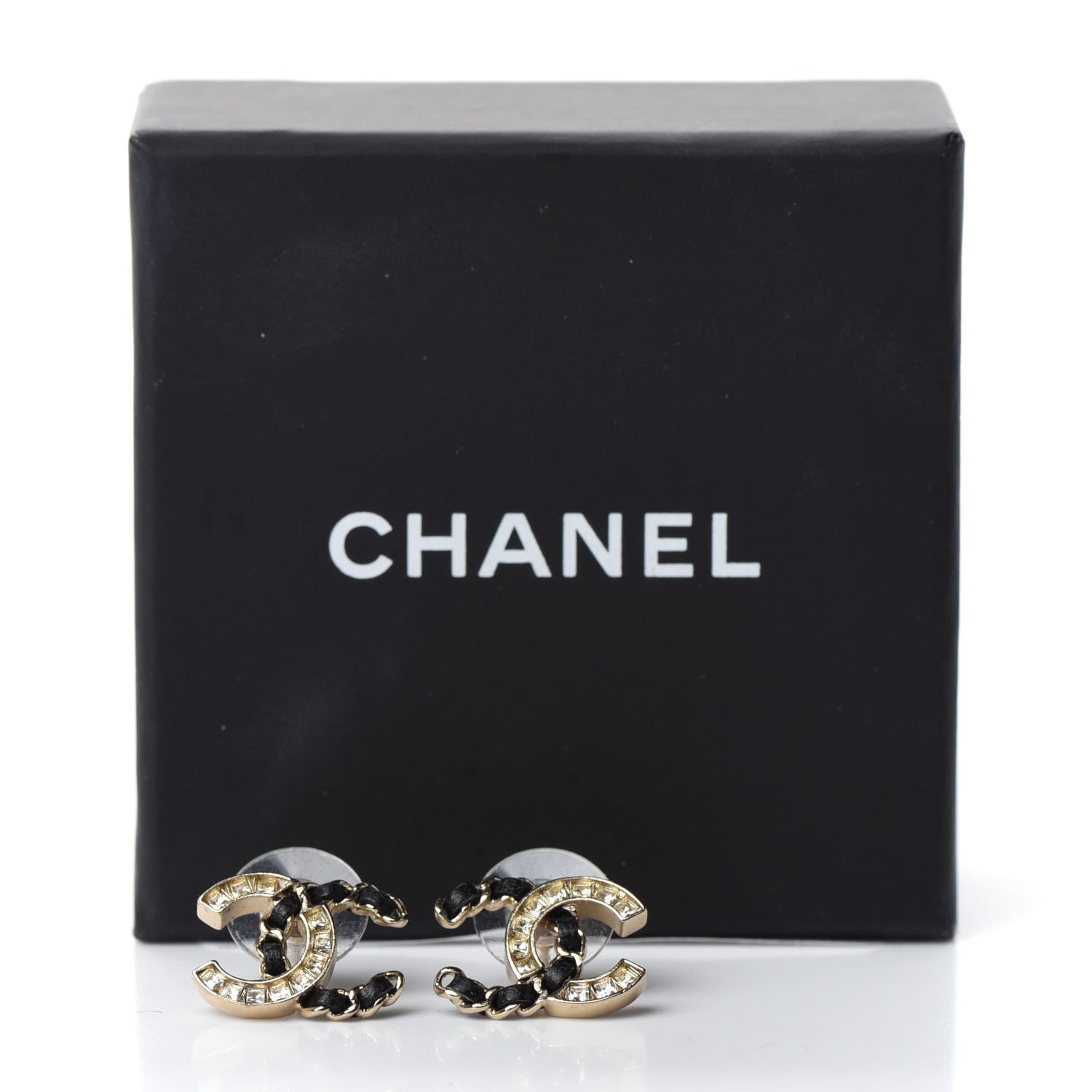 Chanel Crystal Baguette Lambskin Chain CC Vintage Allure Stud Earrings Black Gold 5 of 5