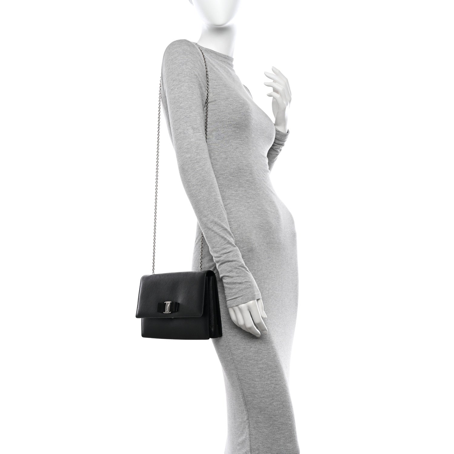 Salvatore Ferragamo Hammered Calfskin Vara Bow Chain Flap Crossbody Black 2 of 12