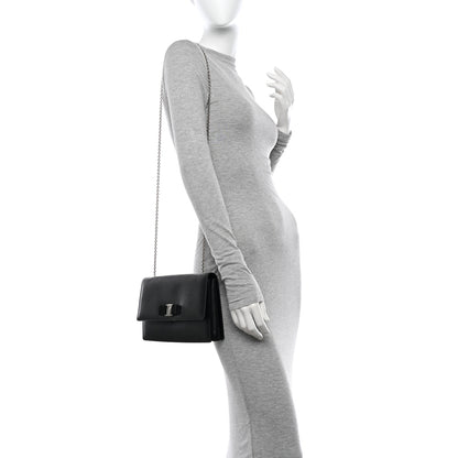 Salvatore Ferragamo Hammered Calfskin Vara Bow Chain Flap Crossbody Black 2 of 12