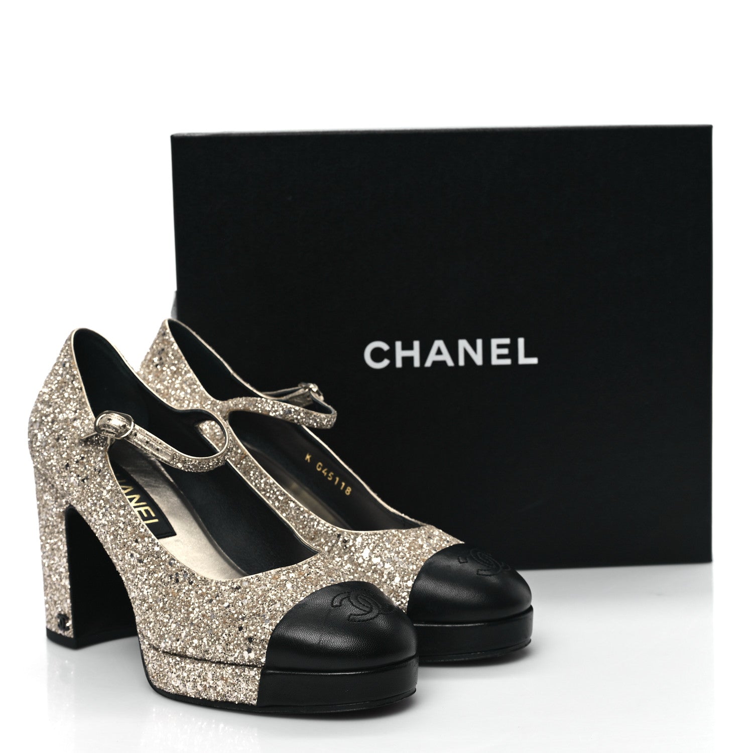 Chanel Glitter Lambskin Cap Toe CC Mary Jane Pumps 39.5 Light Gold Black 9 of 9