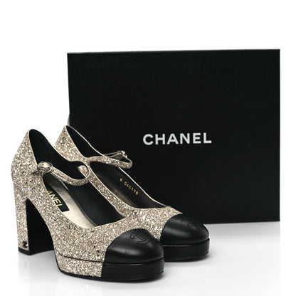 Chanel Glitter Lambskin Cap Toe CC Mary Jane Pumps 39.5 Light Gold Black 9 of 9
