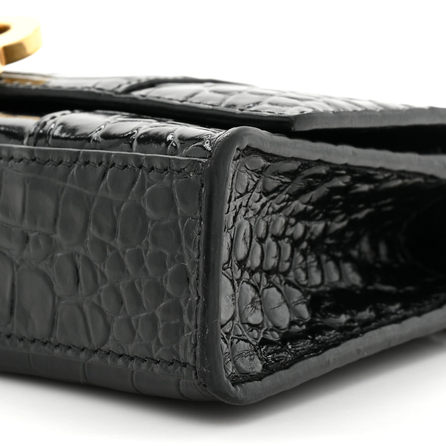 Shiny Calfskin Crocodile Embossed Hourglass Chain Bag Black