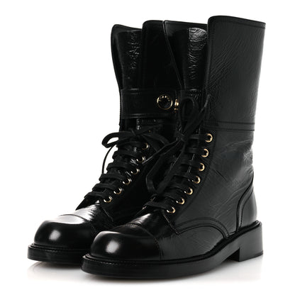 Chanel Shiny Calfskin Lace Up Combat Boots 38.5 Black 4 of 10