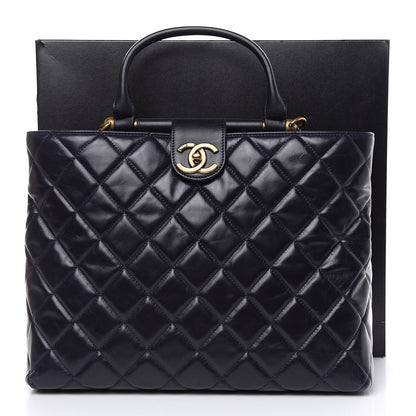 Chanel Calfskin Quilted Large Gold Bar Top Handle Tote Dark Navy Blue 15 of 15