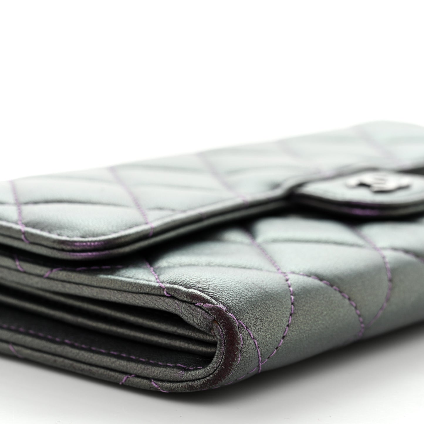 Iridescent Lambskin Quilted Large Gusset Flap Wallet Purple