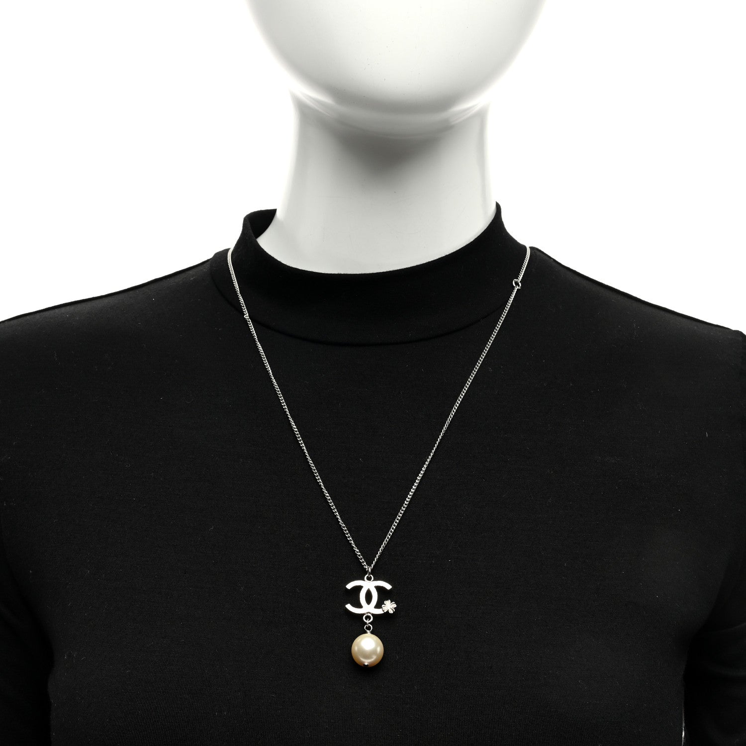 Chanel Pearl Clover CC Drop Necklace Silver 2 of 4