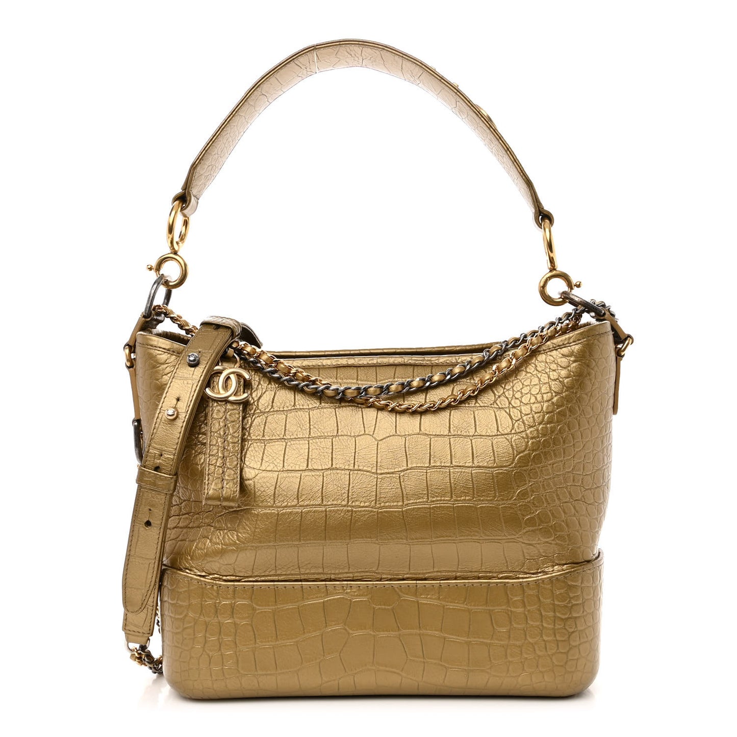 Metallic Calfskin Crocodile Embossed Medium Gabrielle Cocodile Hobo Gold