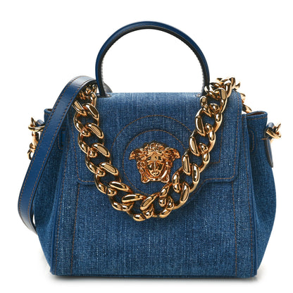 Versace Denim Small La Medusa Chain Top Handle Bag Navy Blue 1 of 9