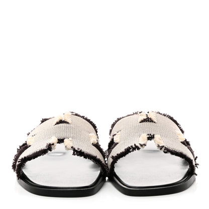 Hermes Calfskin Canvas Oran Fringe Sandals 37.5 Prunoir 2 of 9