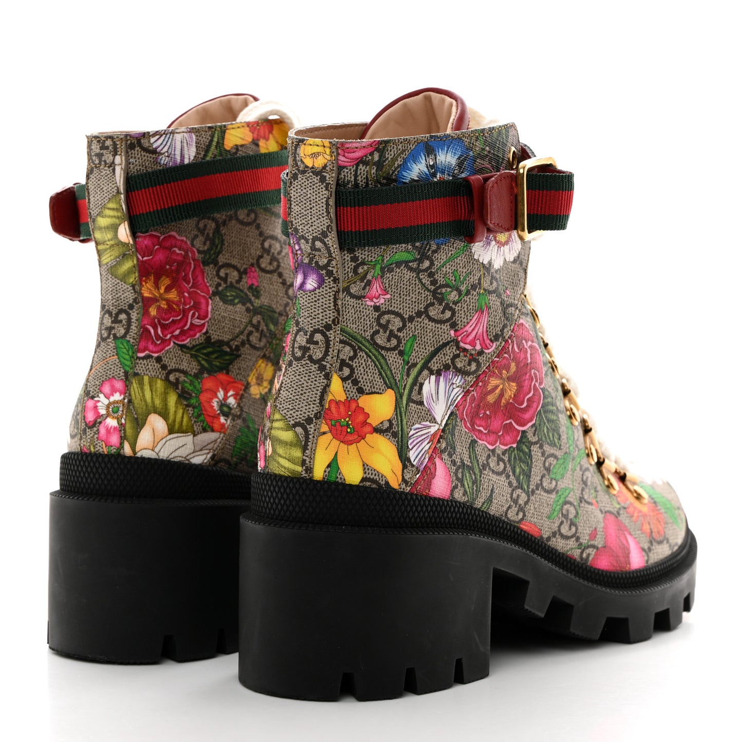 GG Supreme Monogram Flora Lace Up Combat Ankle Boots 37 Beige Multicolor Red