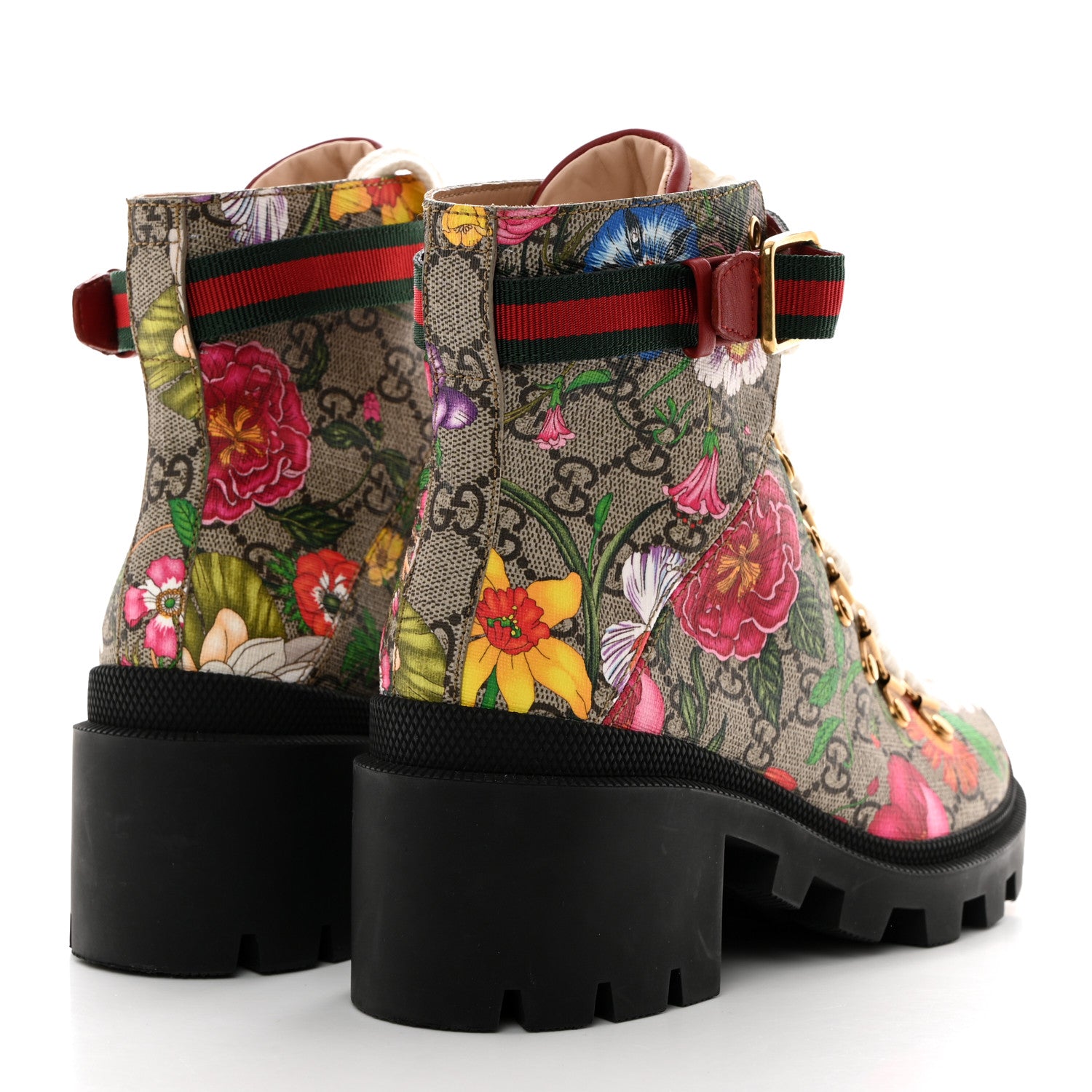 Gucci GG Supreme Monogram Flora Lace Up Combat Ankle Boots 37 Beige Multicolor Red 4 of 9