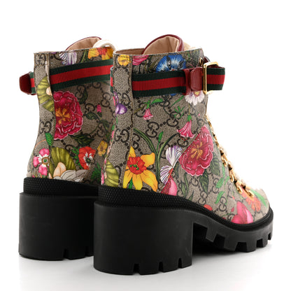 Gucci GG Supreme Monogram Flora Lace Up Combat Ankle Boots 37 Beige Multicolor Red 4 of 9