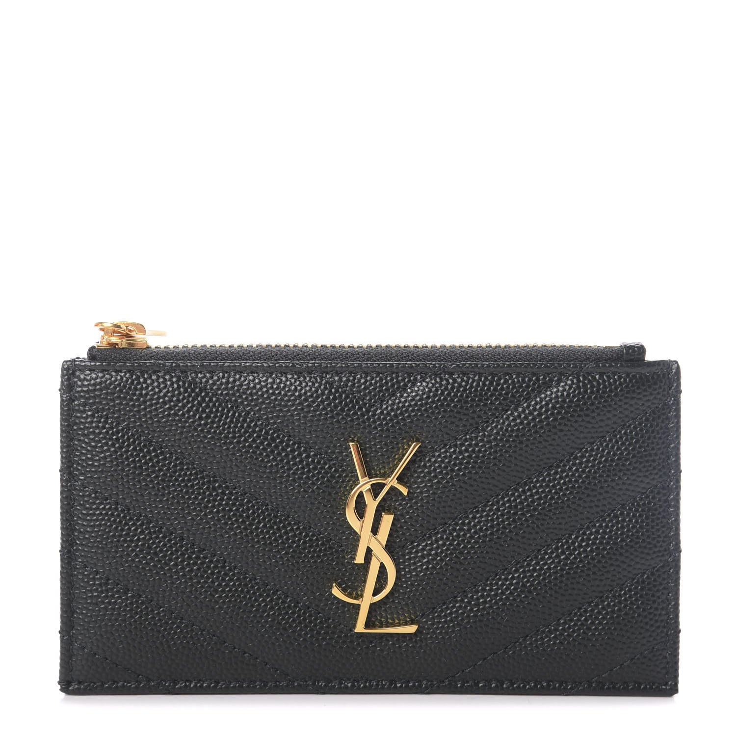 Saint Laurent Grain De Poudre Matelasse Chevron Monogram Fragments Zippered Card Case Dark Mint 1 of 6