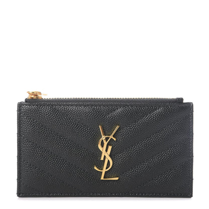 Saint Laurent Grain De Poudre Matelasse Chevron Monogram Fragments Zippered Card Case Dark Mint 1 of 6