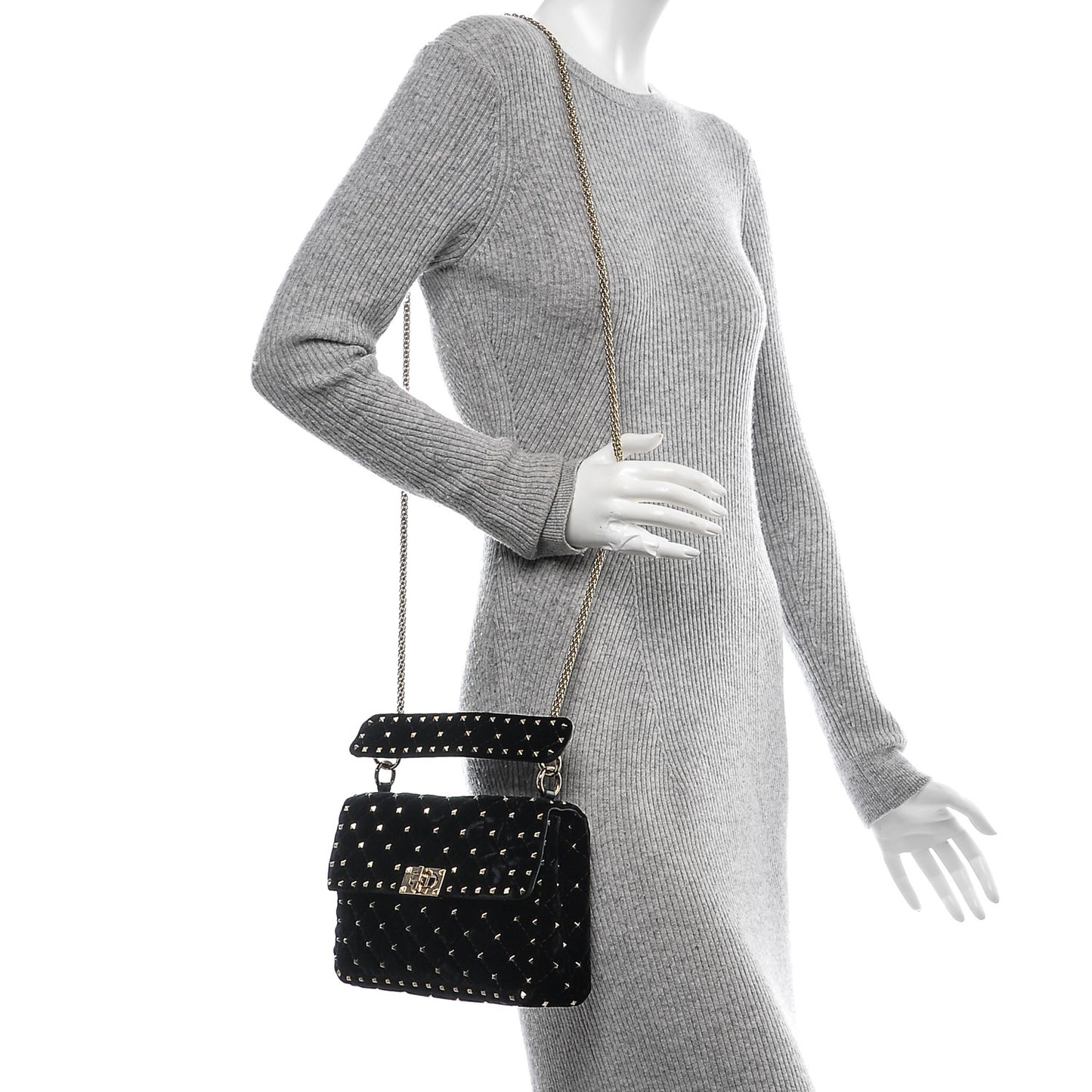 Velvet Medium Rockstud Spike Shoulder Bag Black