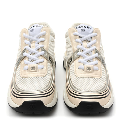 Chanel Fabric Laminated Calfskin Stretch CC Womens Sneakers 36.5 White Gold Silver 2 of 10