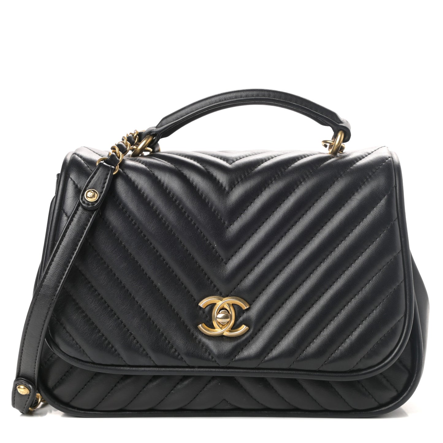Lambskin Reverse Chevron Quilted Round Top Handle Flap Black