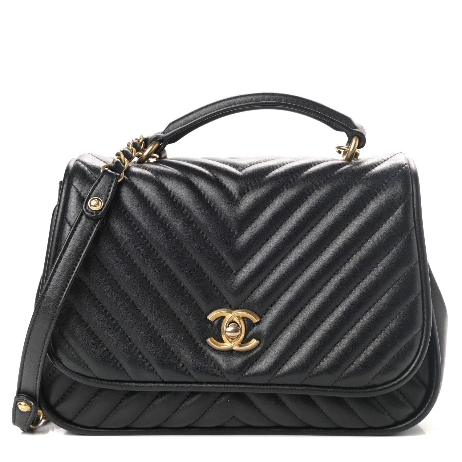 Chanel Lambskin Reverse Chevron Quilted Round Top Handle Flap Black 1 of 11
