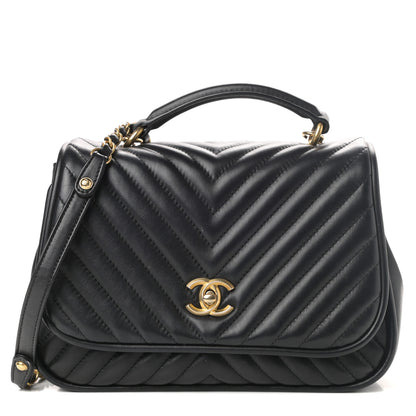 Chanel Lambskin Reverse Chevron Quilted Round Top Handle Flap Black 1 of 11