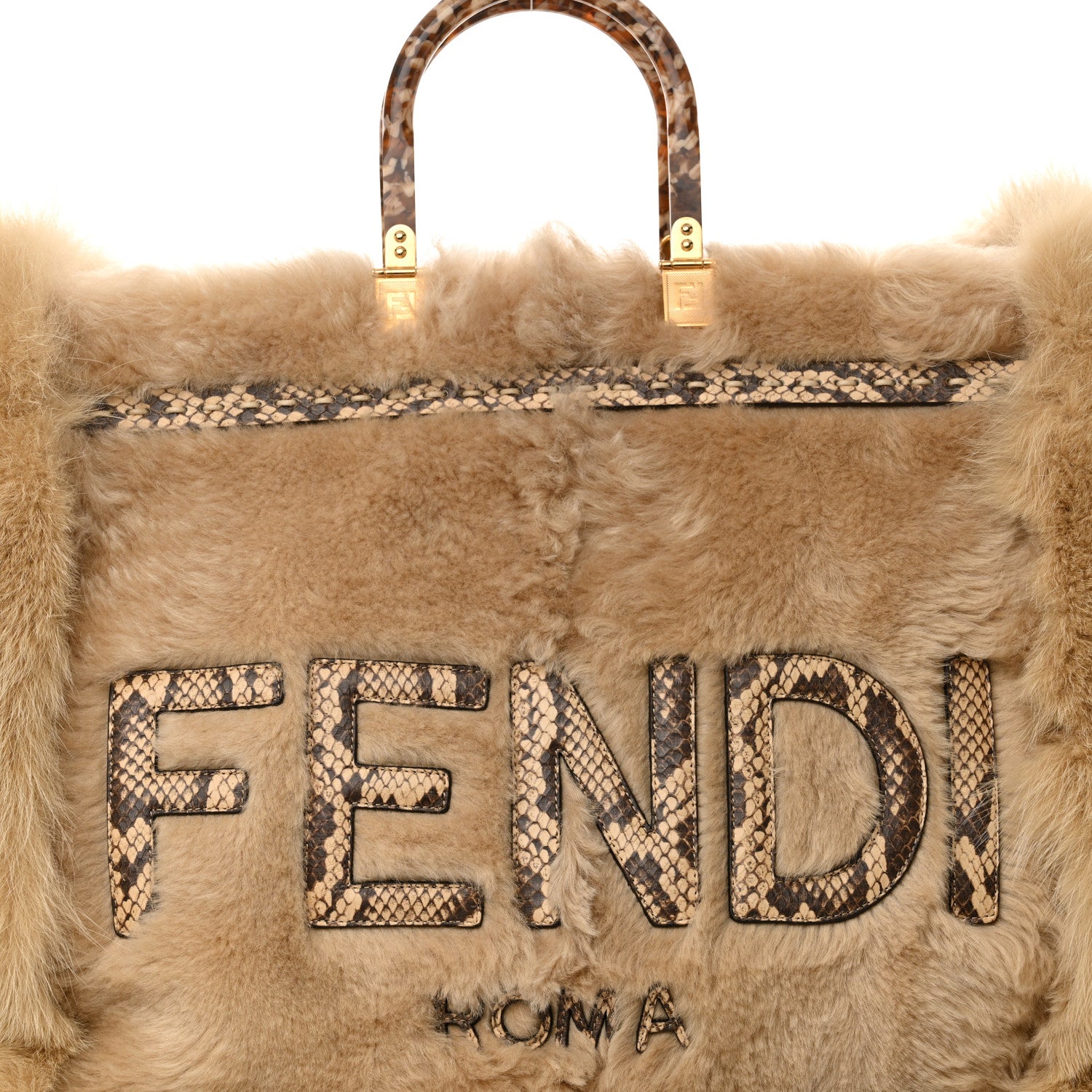 Fendi Fox Fur Sheepskin Elaphe Plexiglass FF Embossed XL Fendi Sunshine Shopper Tote Natural 8 of 11