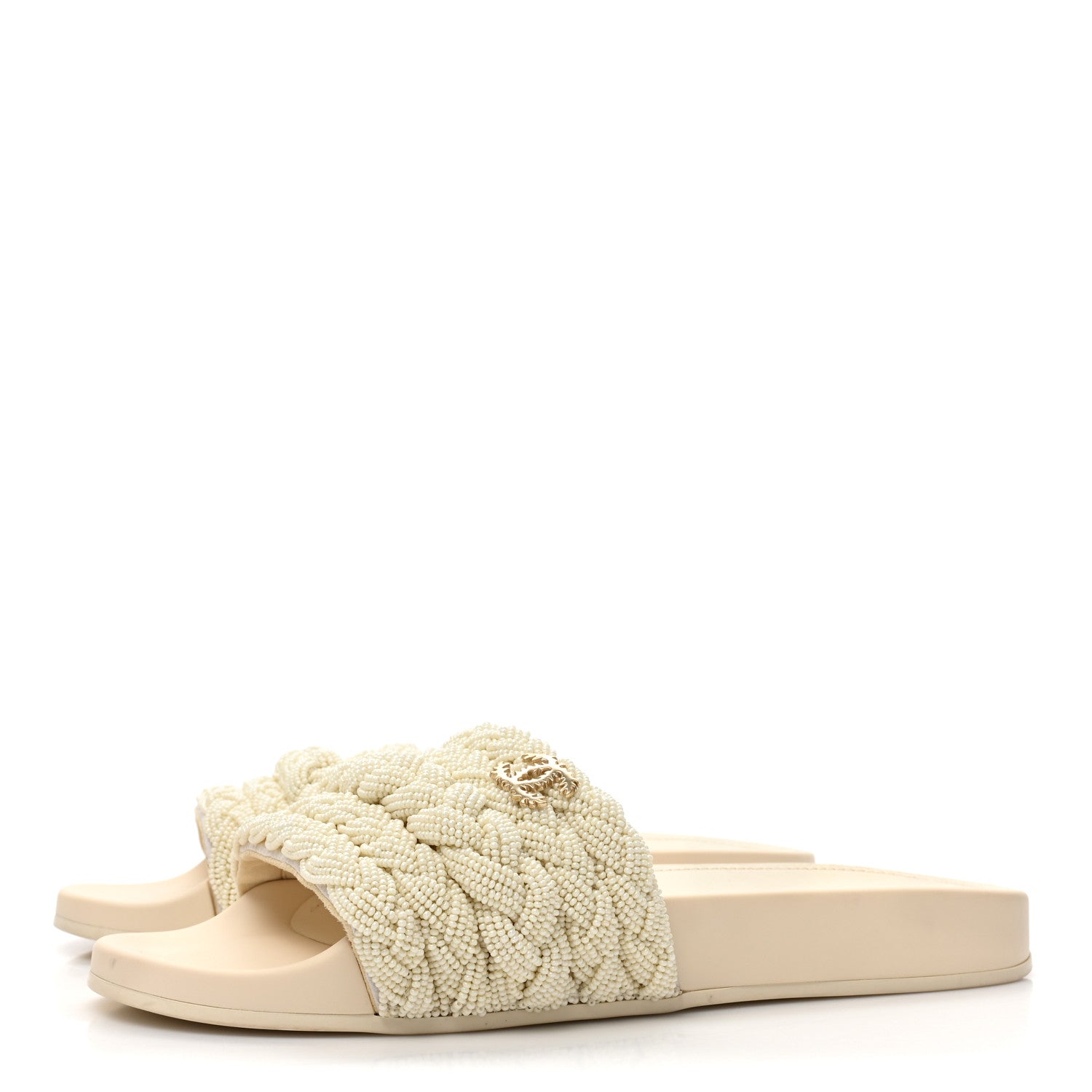 Chanel Lambskin Pearl Beaded Woven Slides 40 Beige 3 of 9