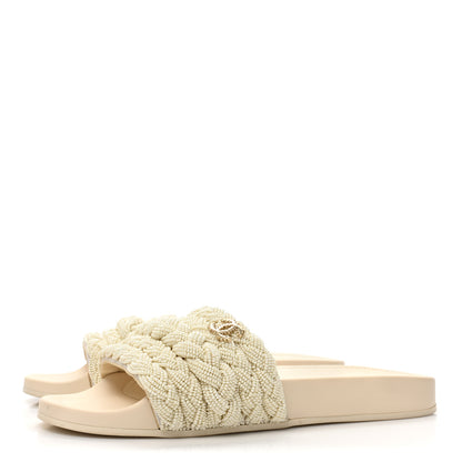 Chanel Lambskin Pearl Beaded Woven Slides 40 Beige 3 of 9