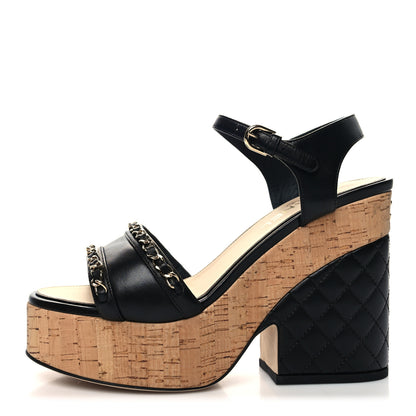 Chanel Lambskin Quilted Chain Cork Wedge Sandals 40 Black 1 of 8