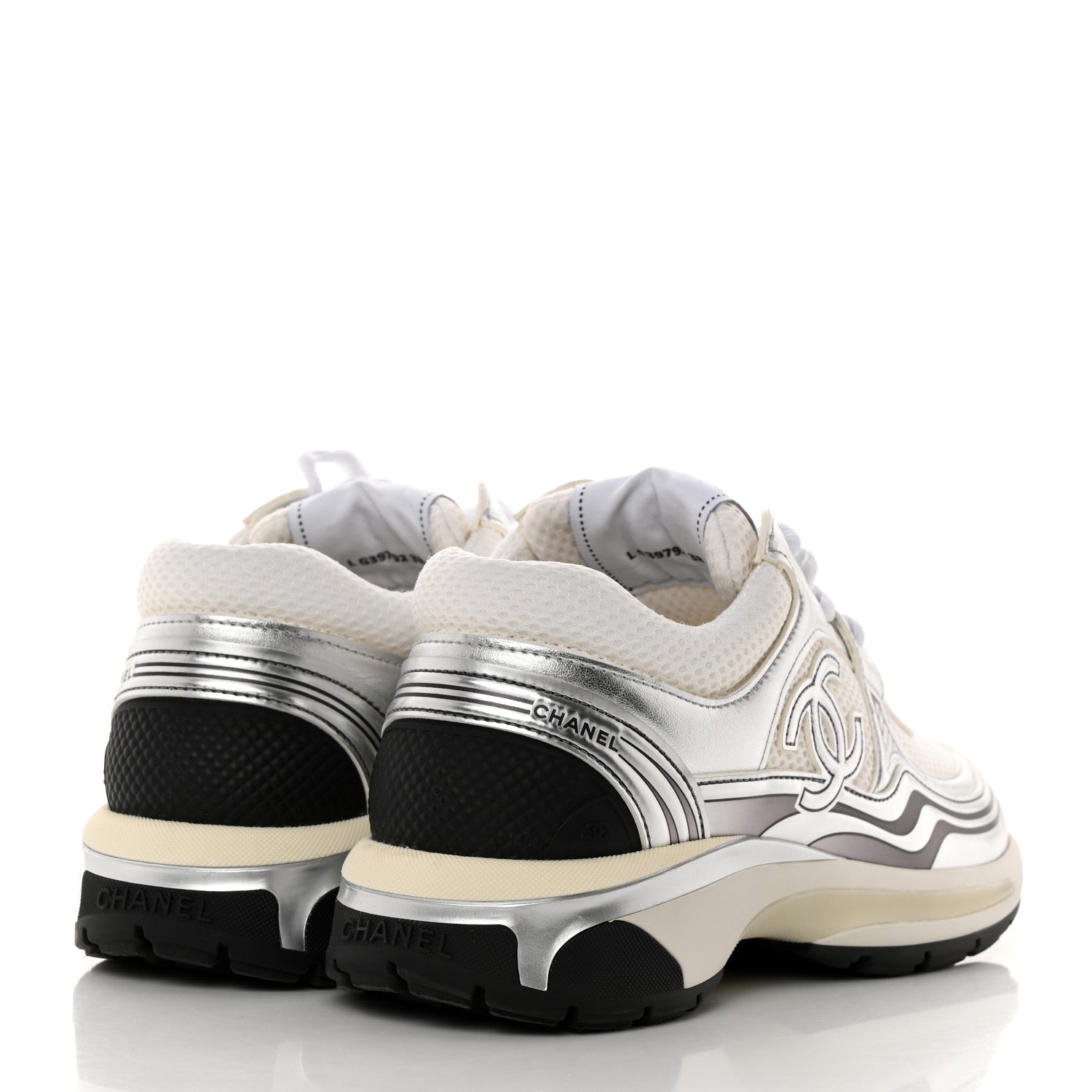 Chanel Fabric Laminated Calfskin Stretch CC Womens Sneakers 38 White Silver 4 of 9