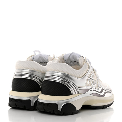 Chanel Fabric Laminated Calfskin Stretch CC Womens Sneakers 38 White Silver 4 of 9