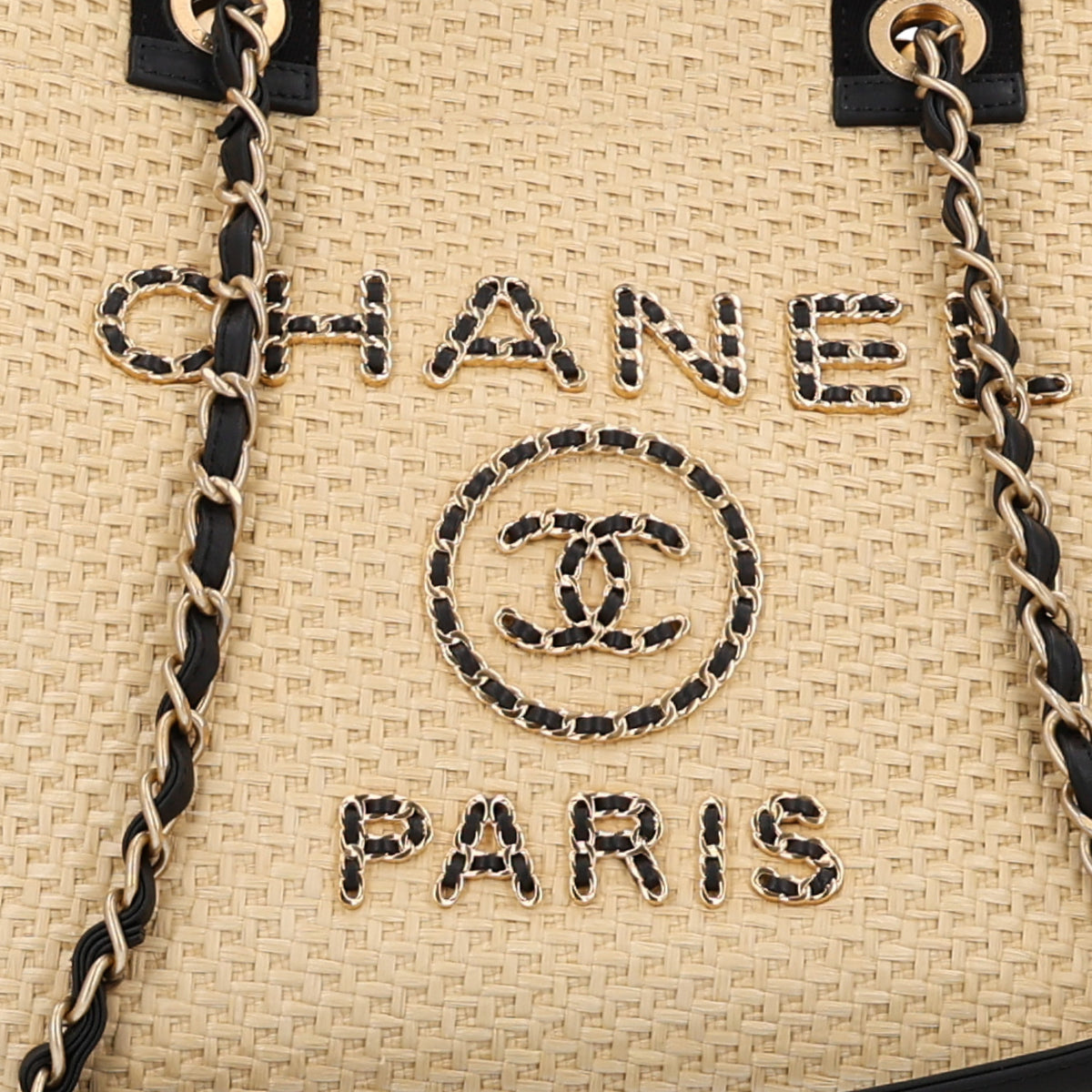 Chanel Straw Raffia Calfskin Chain Medium Deauville Tote Beige Black 7 of 9